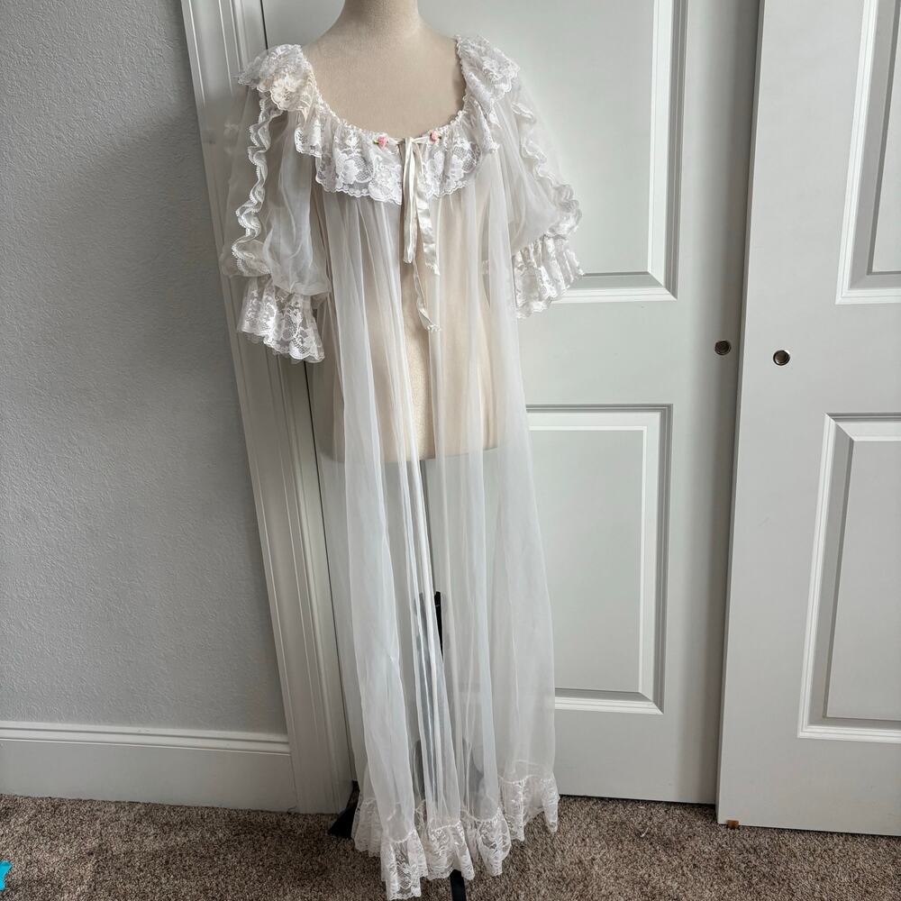 Vintage Tosca Lingerie Sheer White Peignoir Robe Lace Ruffle Coquette Small 6720